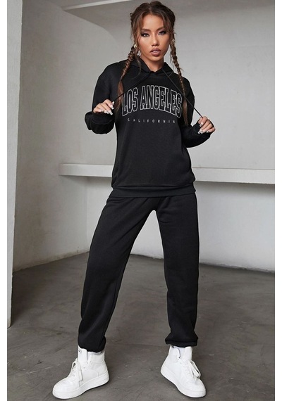 Uyguntarz Unisex Unisex Los Angles Baskılı Eşofman Takımı Siyah
