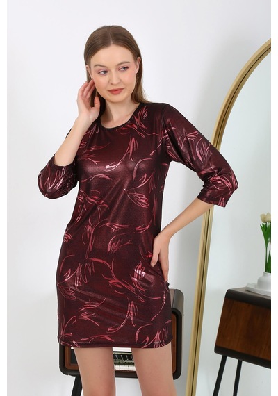 Modi Moda Çizgi Kadın Micro Kumaş Mini Parlak Elbise 7420 Bordo