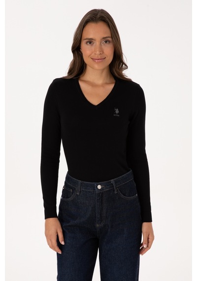 U.S. Polo Assn. Kadın Siyah Basic V Yaka Kazak 50307712-VR046