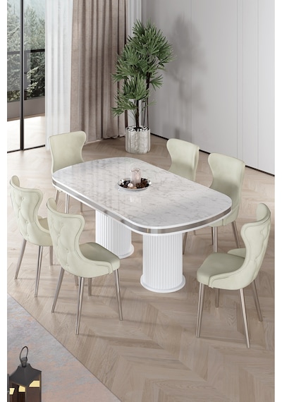 Canisa Galya Serisi Lak Panel 90x168 Sabit Beyaz Mermer Desen Mutfak Masa Takımı 6 Krem Sandalye Beyaz Mermer Desen Masa Krem Sandalye Krom Ayak Canisa Galya Serisi Lak Panel 90x168 Sabit Beyaz Mermer Desen Mutfak Masa Takımı 6 Krem Sandalye Beyaz Mermer Desen Masa Krem Sandalye Krom Ayak