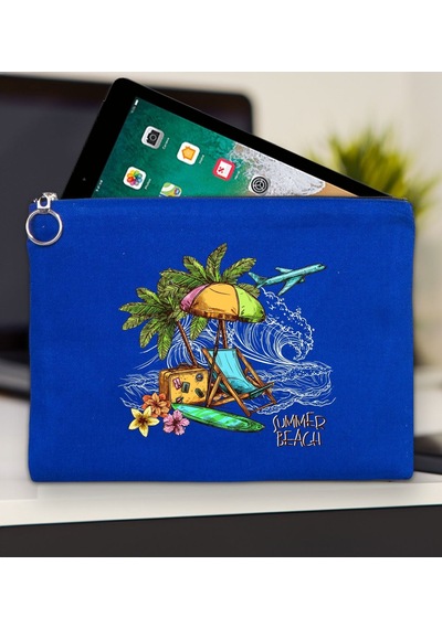 Bk Gift Yaz Temalı-9 Mavi Tablet Çantası 30x21cm, Apple iPad Uyumlu Çantası, Baskılı Tablet Kılıfı Kılıf