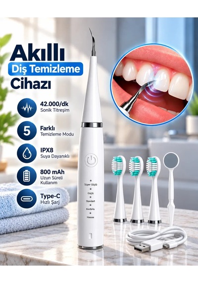 1. Taşınabilir Akıllı Diş Temizleme Cihazı Ayarlanabilir 5 Kademe Type C Şarjlı Sonic Temizleme