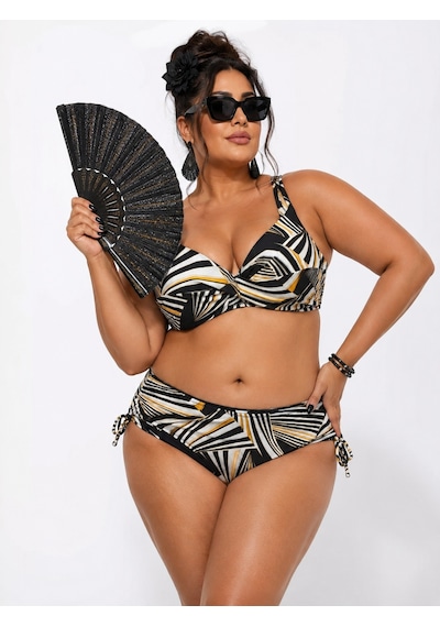 Büyük Beden Balenli Geometrik Desenli Kaplı Ayarlanabilir Askılı Toparlayıcı Kadın Bikini Takım Büyük Beden Balenli Geometrik Desenli Kaplı Ayarlanabilir Askılı Toparlayıcı Kadın Bikini Takım