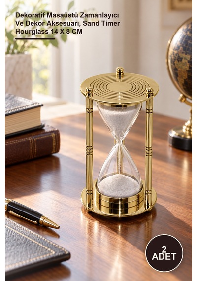 2 Adet Pirinç Kum Saati Dekoratif Masaüstü Zamanlayıcı Ve Dekor Aksesuarı, Sand Timer Hourglass 14 X 8 Cm Diğer