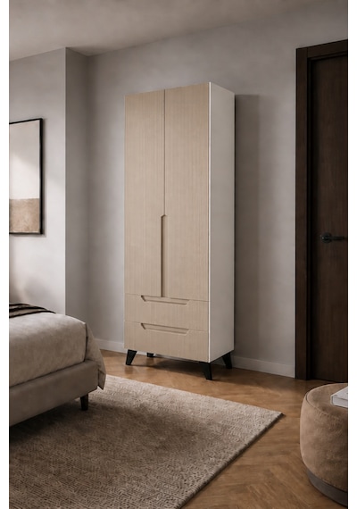 Hera İki Kapaklı İki Çekmeceli Modern Gardırop Beyaz-vizon