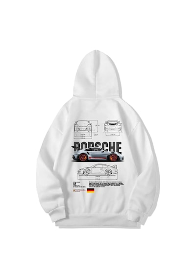Brz Collection Unisex Oversize Porsche 911 Gt3 Rs Hoodie Beyaz Beyaz