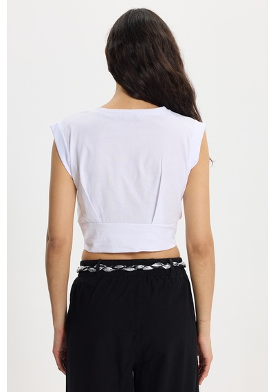 Tudors Kadın Slim Fit %100 Pamuk Pileli Yumuşak Doku Beyaz Bisiklet Yaka Crop Bluz-50392 Tudors Kadın Slim Fit %100 Pamuk Pileli Yumuşak Doku Beyaz Bisiklet Yaka Crop Bluz-50392