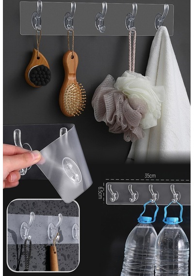 Güçlü Yapışkanlı Kapı Duvar Askısı 5'li 35 x 6.5 CM Şeffaf Çok Renkli