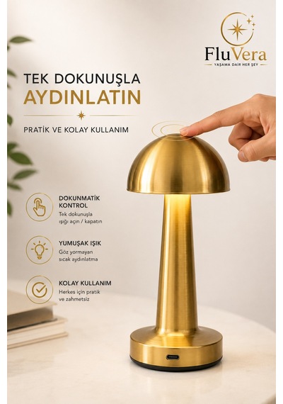 Şarjlı Masa Lambası Gold Mantar Kablosuz Led Dokunmatik Gece Lambası Altın