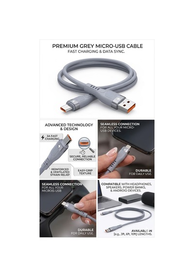 3.4a Usb To Micro Metal Başlıklı Extra Yumuşak Hızlı Şarj Ve Data Aktarım Kablosu 1 Metre Mt2351