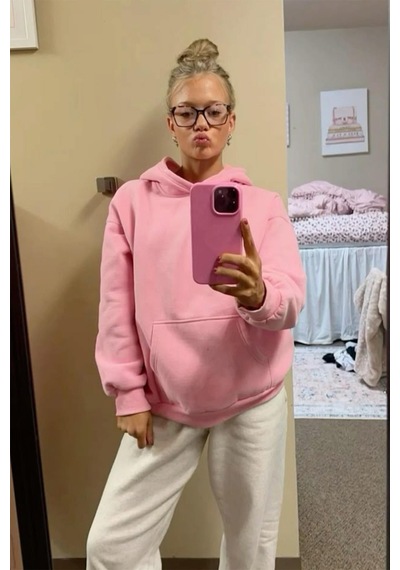 Pembe Kapüşonlu Şardonlu Oversize Cepli Sweatshirt Mg2206