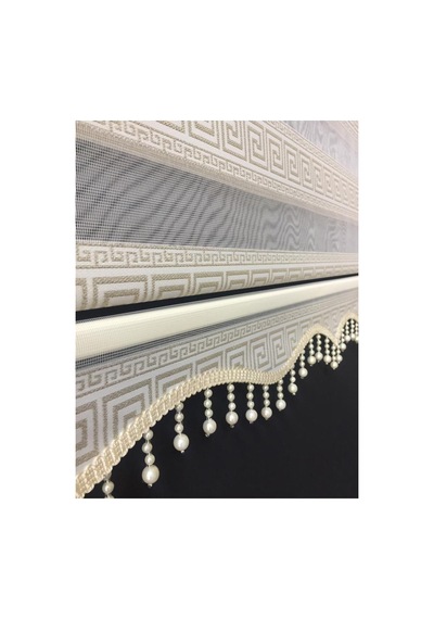 Krem Renk Sarı Gold Sim Detaylı Boncuklu Zebra Stor Perde Krem - 97268369 Krem