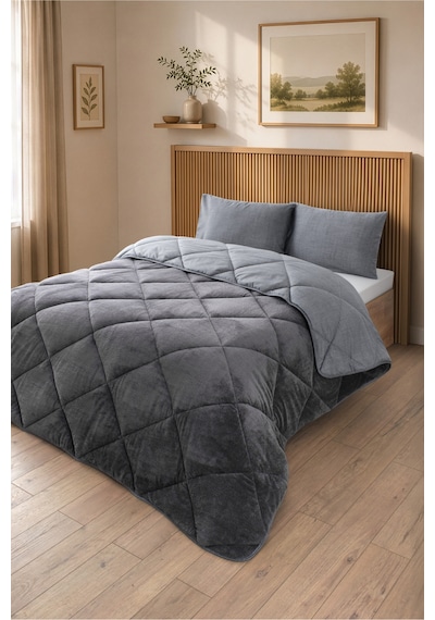 Premium Çift Taraflı Wellsoft Yorgan Seti Battal Boy 215x235 Cm 2 Adet Yastık Kılıflı Antrasit