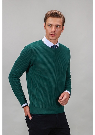 Tudors Slim Fit Dar Kesim Bisiklet Yaka Petek Desenli Erkek Kazak-16252 Yeşil