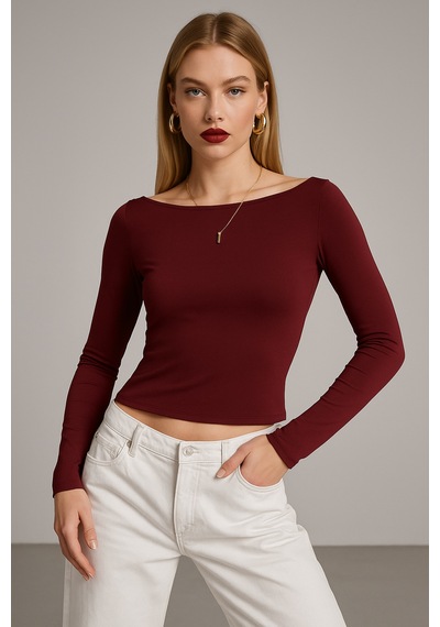 Wild Bee Kadın Bordo Kayık Yaka Uzun Kollu Bluz