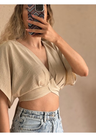 Fashion Cocktail Kısa Kol V-yaka Keten Sırt Bağlama Mini Karın Dekolteli Yazlık Kombin Crop Bluz Krem Fashion Cocktail Kısa Kol V-yaka Keten Sırt Bağlama Mini Karın Dekolteli Yazlık Kombin Crop Bluz Krem