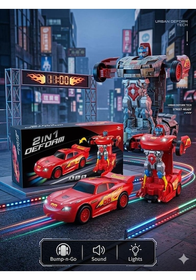 2'si 1 Arada Şimşek Mcqueen Dönüşen Robot Araba Işıklı Ve Sesli Kırmızı
