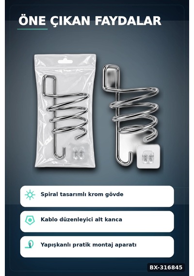 Fön Makinesi Askısı Krom Metal Banyo Fönlük Kendinden Yapışkan Askı Aparatı Bx-316845 Çok renkli