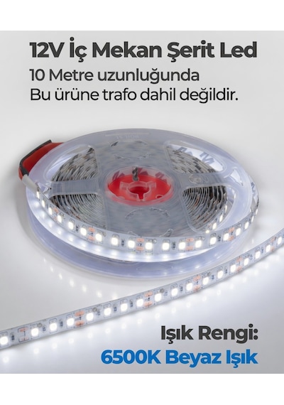 12v İç Mekan Şerit Led 10 Metre 6500k Beyaz Işık Kesilebilir Led Şerit Trafo Hariç 10 Metre Beyaz