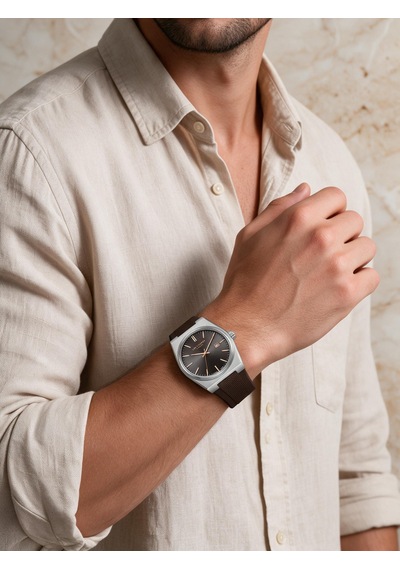 Lee Cooper Kahverengi Silikon Kayış Füme Kadran 40 Mm Yuvarlak Erkek Kol Saati, Bileklik Hediyeli Gümüş