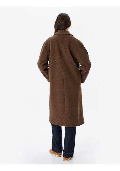 Koton Kruvaze Düğmeli Uzun Oversize Kaşe Kaban Kahverengi 5wak00385ew Kahverengi