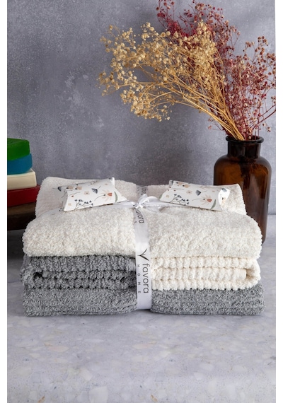 Line %100 Pamuk Luxury 6 Parça Havlu Hamam Seti - Gri Krem