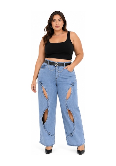 Zanessi Fashıon Büyük Beden Denim Yüksek Bel Kemerli Dekolteli Bol Paça Kadın Pantolon Mavi Zanessi Fashıon Büyük Beden Denim Yüksek Bel Kemerli Dekolteli Bol Paça Kadın Pantolon Mavi