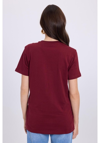 Tudors Kadın Slim Fit Dar Kesim Pamuklu Yumuşak Doku Likralı Esnek Kumaş Basic Bordo Bisiklet Yaka Tişört-37834 Bordo