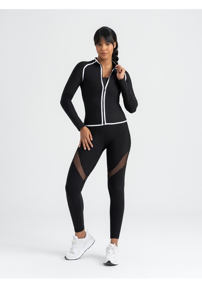 Lismina Lineedge Zip Beyaz Biyeli Siyah Uzun Kollu Spor Ceket Siyah - Beyaz
