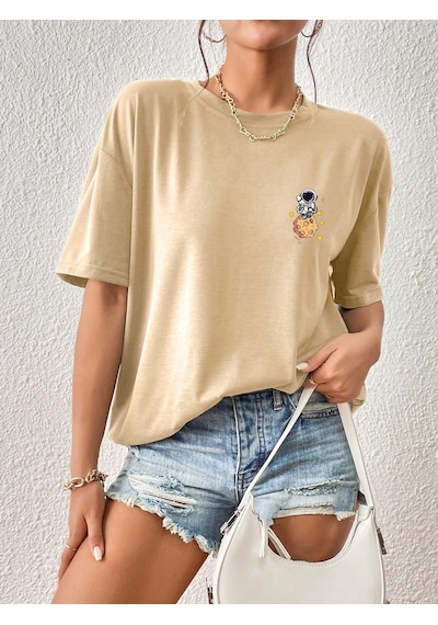 Unisex Galaksi Tasarım Basklı Tshirt Bej
