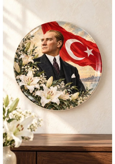 Dekoratif Duvar Tabağı Atatürk, Bayrak Ve Çiçekler Dekorlu Seramik Tabak Beyaz