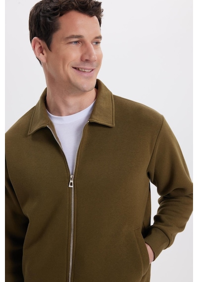 Tudors Unisex Relax Fit Rahat Kesim Pamuklu İçi Polarlı Fermuarlı Yeşil Polo Yaka Flato Cepli Sweatshirt Hırka-41976 Yeşil