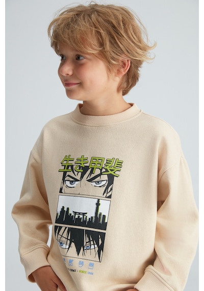 Grimelange REMCO Erkek Çocuk Nakışlı Yuvarlak Yaka Krem Sweatshirt