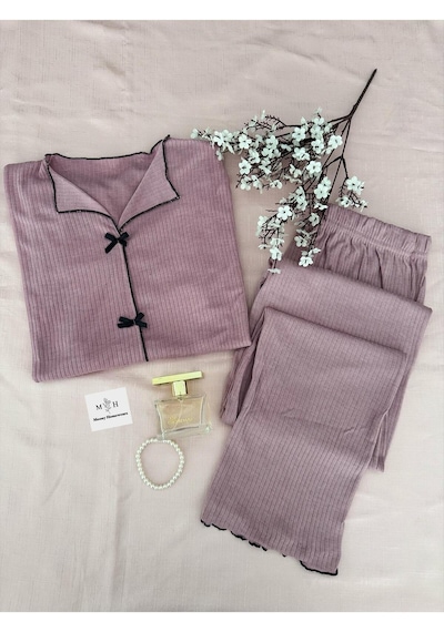 Mh Moony Homewears 2'li Kurdele Detaylı Gül Kurusu Penye Pijama Takımı GÜL KURUSU