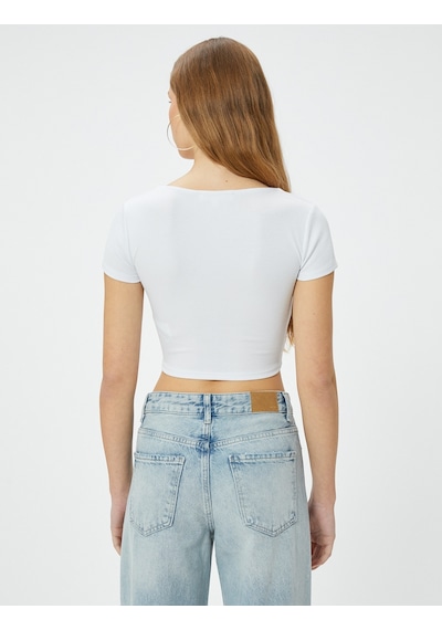 Koton Kalp Yaka Crop Tişört Ribanalı Kısa Kollu Slim Fit Ekru 4sal10808ık Ekru
