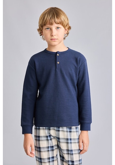 Defacto Regular Fit Henley Yaka Waffle Üst Ekose Alt 2li Pijama Takımı Erkek Çocuk I1444a826aunv256 Lacivert-nv256
