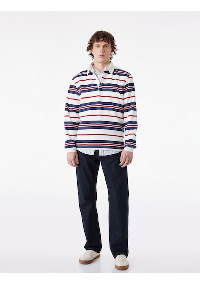 Koton Uzun Kollu Üç İplik Şardonlu Çizgili Düğmeli Polo Yaka Sweatshirt Kırmızı Çizgili 6sam70074mk