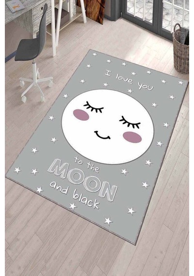 Gri Yıkanabilir Kaymaz Tabanlı Ay Desenli Bebek Halısı Kd34n11