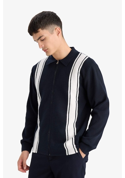 Defacto Standart Fit Polo Yaka Fermuarlı Çizgili Triko Hırka F4981ax25aunv64 Lacivert