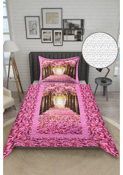 Pembe Ağaç Desenli Kadife Kumaş Kapitoneli Tek Kişilik Yatak Örtüsü Seti 2 Parça Tky0048 Çok Renkli