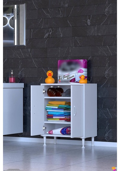 Söke 65 Cm Çok Amaçlı Kapaklı 2 Raflı 3 Bölmeli Komidin Dolap Beyaz