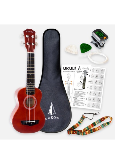 Arrow Pb10 Nt Soprano Natural Dark Top Ukulele Set