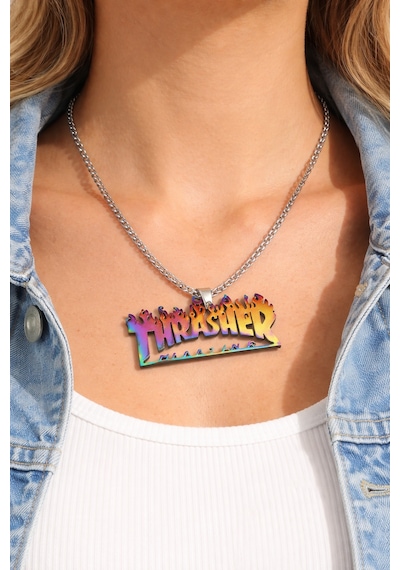 Unisex Paslanmaz Çelik Thrasher Yazılı Renkli Alev Desenli Kolye Altın - Gümüş