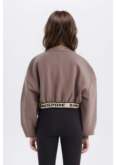 DeFacto Kız Çocuk Crop Bisiklet YakaBaskılı İçi Yumuşak Tüylü Kalın Sweatshirt D6186A824WNBN570