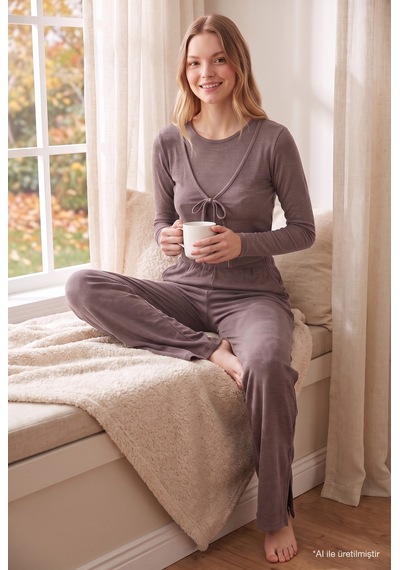 Cottonill Premium - Serene Collection Vizon Rib Dokulu Önden Bağlamalı Viskon 3'lü Kadın Pijama Takımı