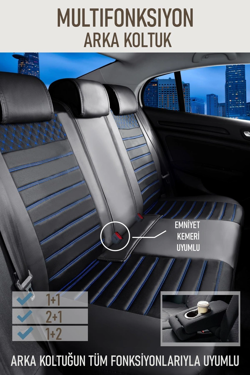 Citroen E-c4 X Uyumlu Lüx Deri Oto Koltuk Kılıfı Ön Arka Takım Elit Siyah Mavi