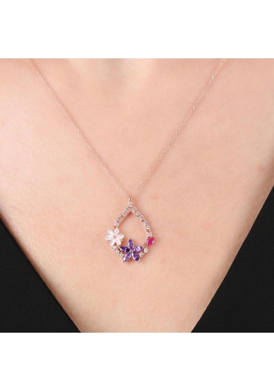 Mia vento Manolya Çiçeği Ametist Damlası Rose Renk Flowers Gümüş Kolye