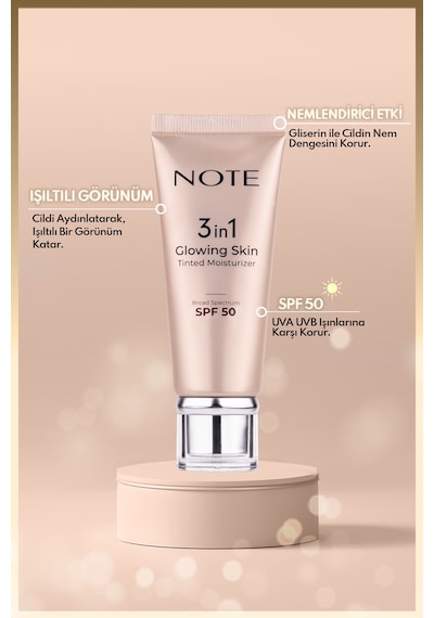 Note Cosmetique 3 in 1 Glowing Skin Tinted Moisturizer 50 SPF Işıltılı Aydınlatıcı Krem