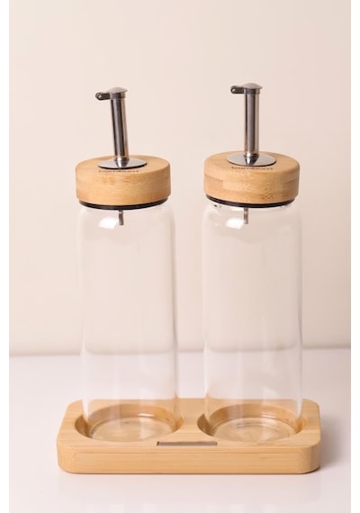 Bambu Kapaklı Cam Yağlık & Sirkelik Seti 2'li Standlı 300ml Çok Renkli