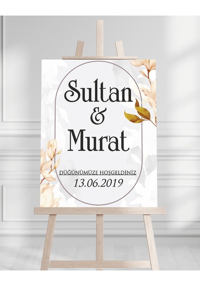 Söz Nişan Düğün İçin 50x70 Karşılama Panosu - Çiçek Desenli Pano Beyaz